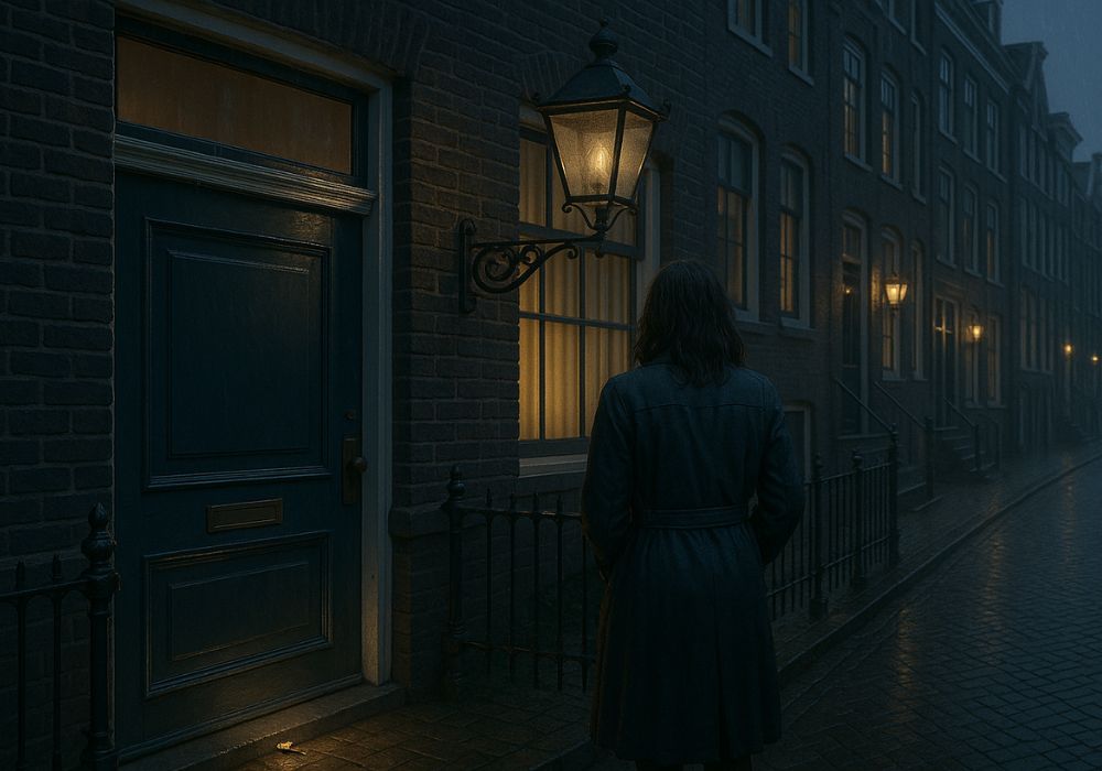 Vrouw buitengesloten voor een woning in Amsterdam tijdens een regenachtige avond.