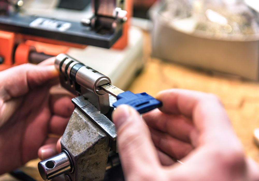 Slotenmaker voert nauwkeurige sleutelbewerking uit in werkplaats