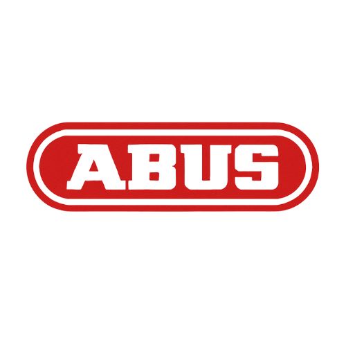 ABUS-logo in witte hoofdletters binnen een rood ovaal met de tekst “Security Tech Germany” eronder