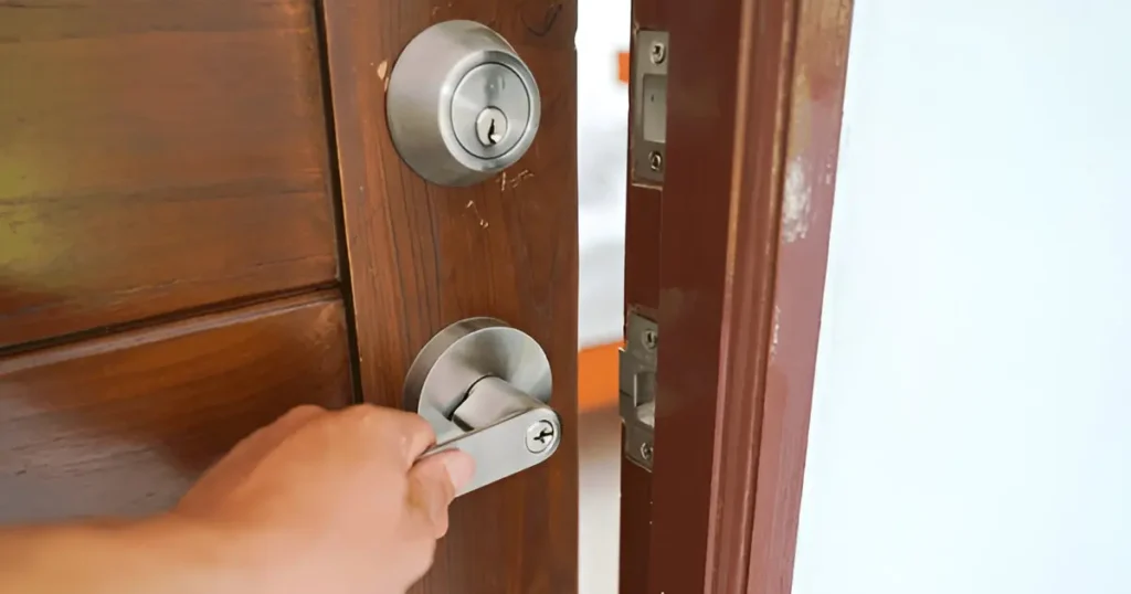 Hand opent houten deur met modern deurslot en cilinderslot