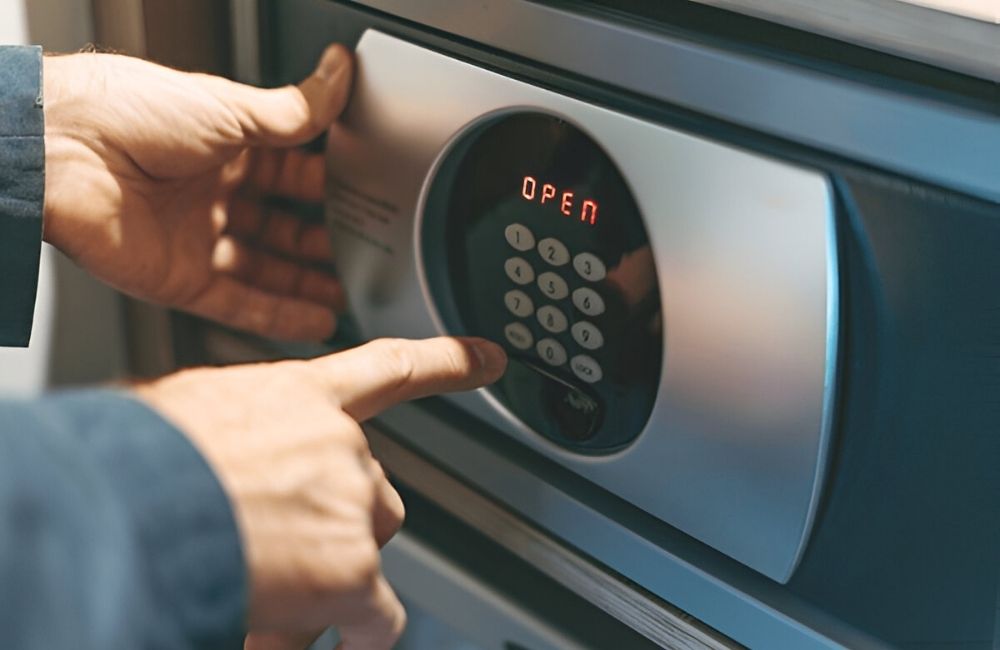 Hand drukt op keypad kluis